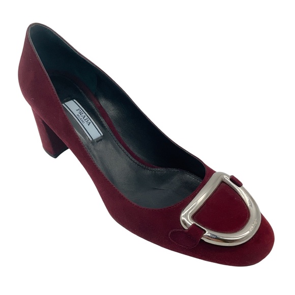 PRADA BURGUNDY / SILVER BUCKLE SUEDE PUMPS - Picture 1 of 8